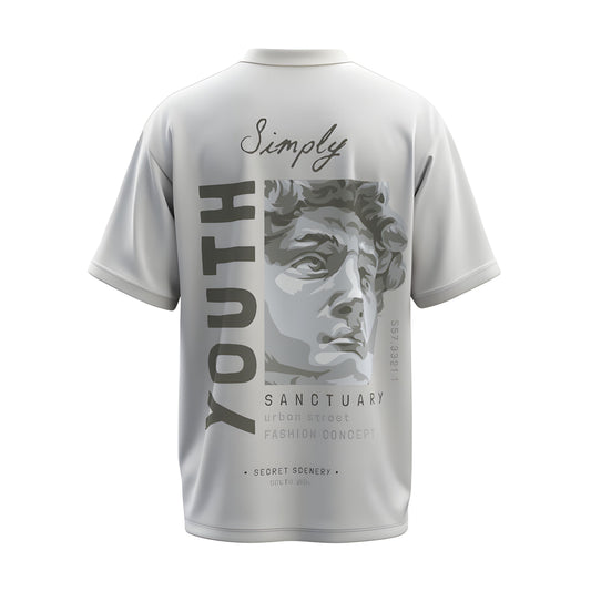 Back view of the premium oversized white t-shirt titled “Youth” from Kashiba U with cool graphic design inspired by street art printed at the back of the t-shirt. Shop trendy streetwear graphic tee from the website of Kashiba U online. Buy Now!
